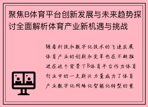 聚焦B体育平台创新发展与未来趋势探讨全面解析体育产业新机遇与挑战